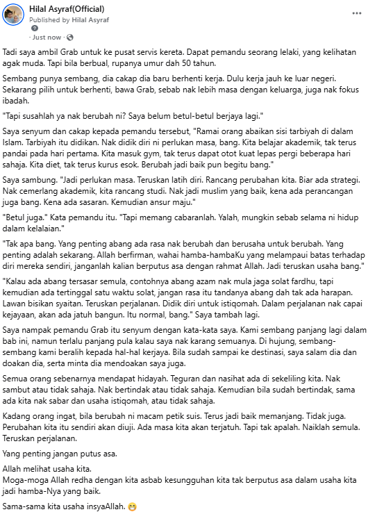 HilalAsyraf's tweet photo. Jangan putus asa dengan rahmat Allah.

Jatuh bangun dalam perjalanan nak menjadi hamba-Nya yang baik itu merupakan satu proses.

Jatuh, bangkit, jatuh, bangkit.
Biar kita mati tika sedang berusaha, berbanding berputus asa.

Moga-moga dengan itu Allah redha dan rahmati kita. https://t.co/jbs3FJkoQn