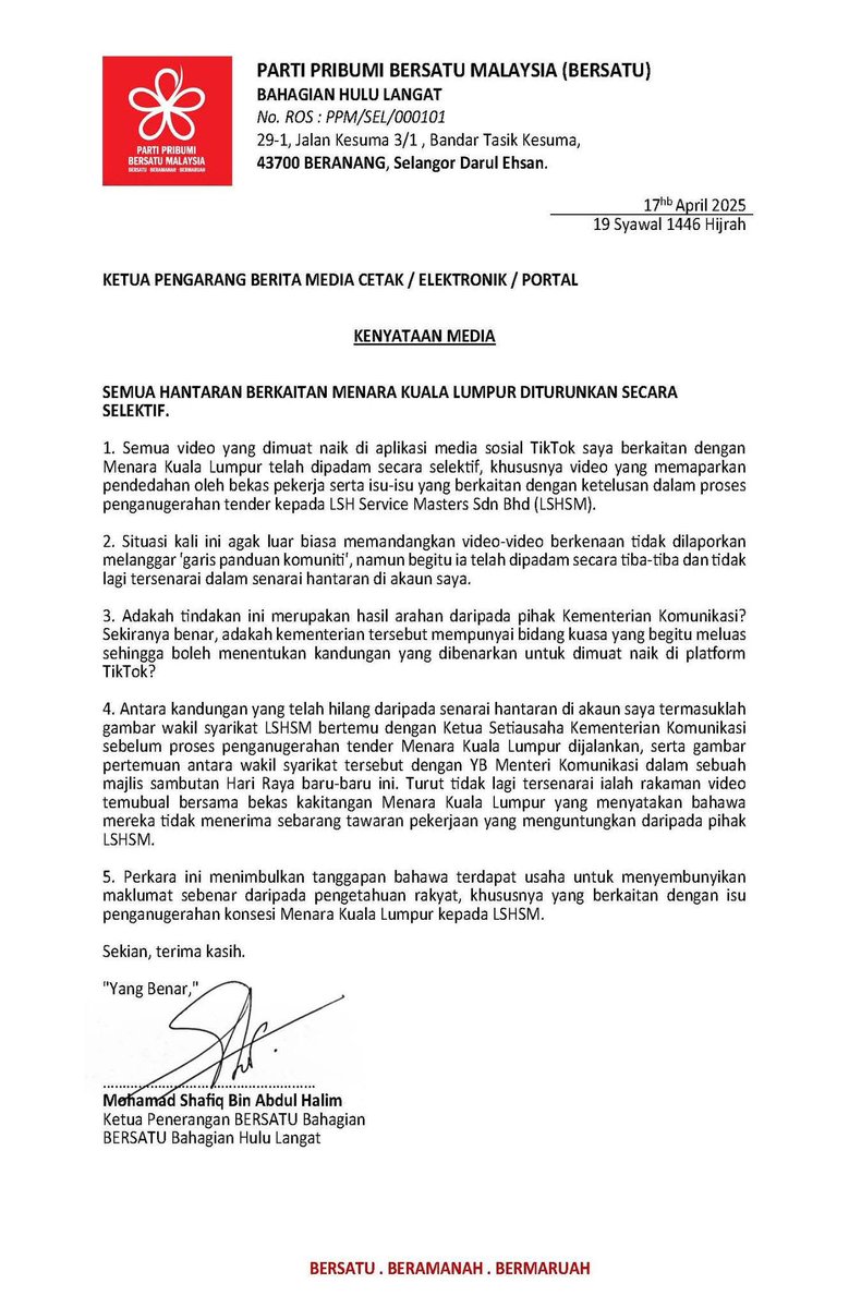 ShafiqHalim91's tweet photo. SEMUA HANTARAN BERKAITAN MENARA KUALA LUMPUR DITURUNKAN SECARA SELEKTIF.

#shafiqhalim #善心 #MenaraKualaLumpur #IsuSemasa #TenderAwam #TikTokMalaysia #Kebenaran #Konsesi #LSHSM #MalaysiaKini #RakyatHakTahu #Ketelusan #ViralIsuSemasa https://t.co/L25eFgdJ5Z