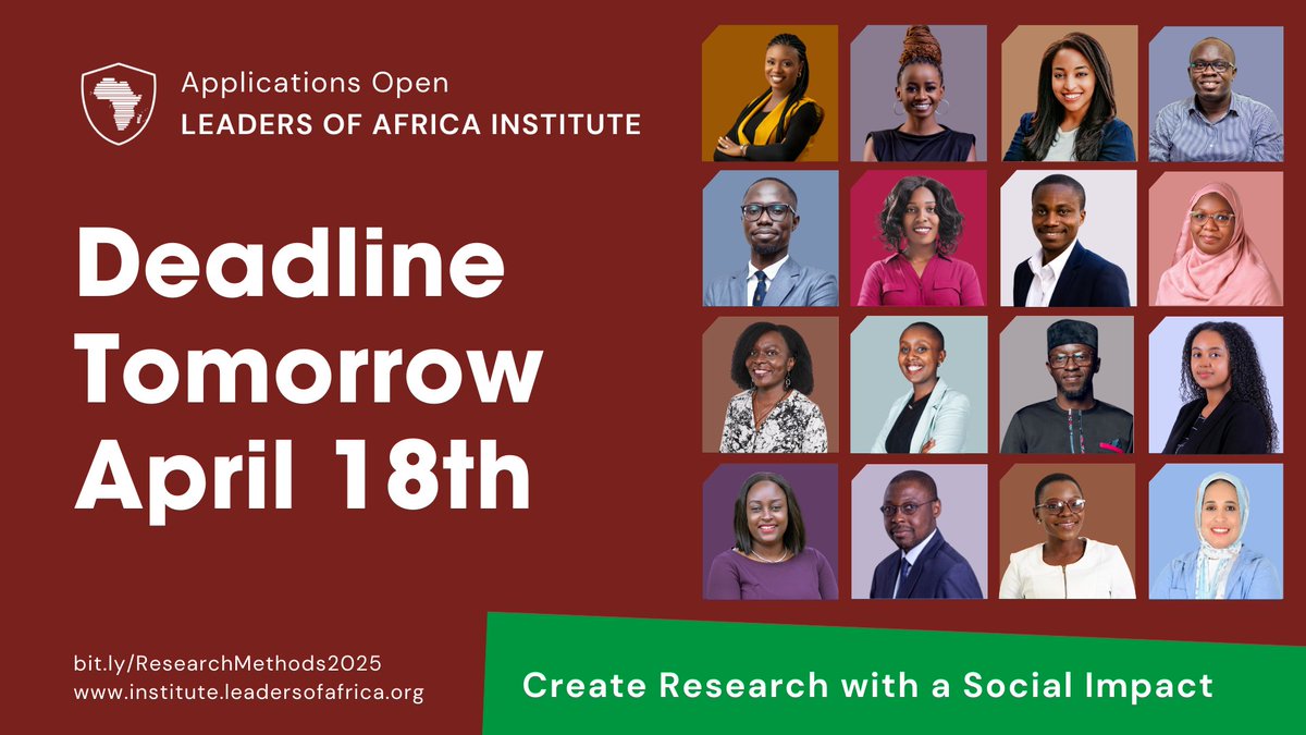 Tomorrow is the deadline for Research Methods Program 2025 applications. Every year, the Leaders of Africa Institute welcomes a talented cohort that shares the belief that research is a force for social impact. @leadersafrica 
Learn more and apply ➡ bit.ly/ResearchMethod… #SDGs