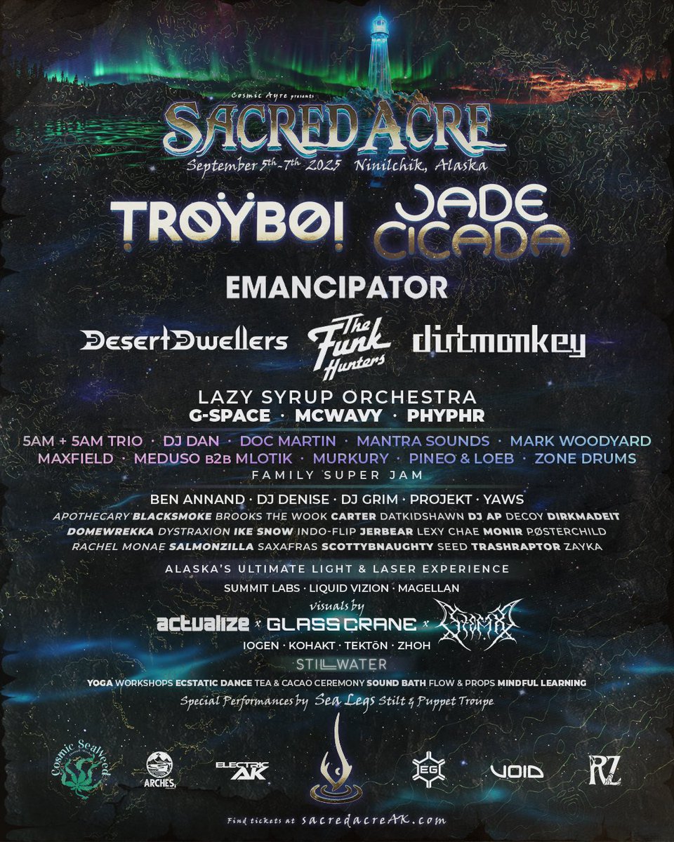 The wait is over, the lineup for Sacred Acre 2025 is finally here! 💫 🤩 

Back for our fourth year, we’re honored to welcome TroyBoi, Jade Cicada, Emancipator, Desert Dwellers, The Funk Hunters, Dirt Monkey, Lazy Syrup Orchestra, G-Space, McWavy, Phyphr, and so many more