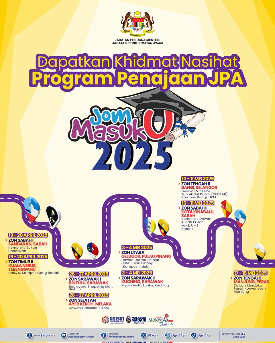 📌 Result SPM akan keluar pada 24 April 2025 nanti! 🥶

Datang dan rebut peluang untuk bertanya, mendapatkan panduan serta memahami lebih mendalam tentang syarat dan laluan penajaan yang ditawarkan oleh JPA 💪🏻.

𝗦𝗲𝗿𝘁𝗮𝗶 '𝗝𝗼𝗺 𝗠𝗮𝘀𝘂𝗸 𝗨' 𝟮𝟬𝟮𝟱!