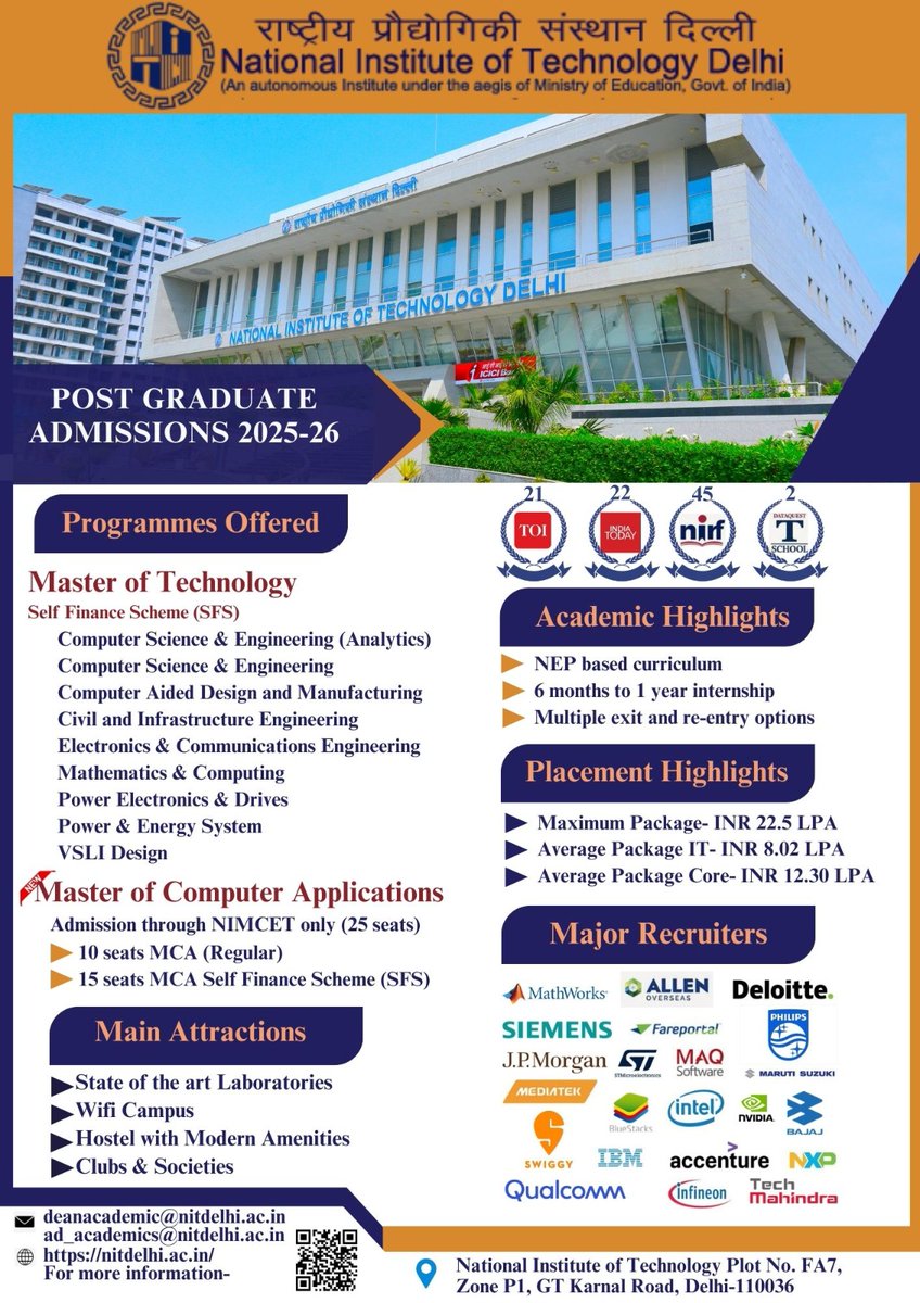 Join our premier M.Tech programs including MCA with top-tier faculty, modern labs, and an innovation-driven campus. 💼 Strong placement record | 📷 State-of-the-art infrastructure  Choose now and shape your future! 
#NITDelhi #PGAdmission

<a href="/drajayksharma/">Dr Ajay K Sharma</a>