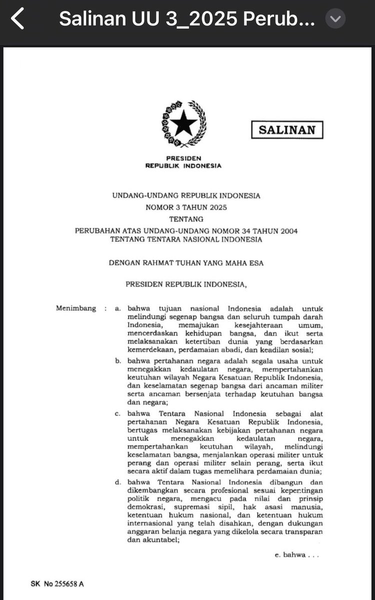 Ternyata UU TNI sudah diundangkan jadi UU 3/2025 sejak 26 Maret atau hanya 6 hari setelah diketok. Siluman banget :)