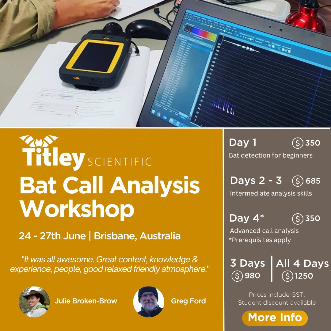 TitleyScientif1's tweet image. You asked and we deliver! We are running another bat call analysis workshop in Brisbane, Australia, this June with Greg Ford. To book: form.jotform.com/250267310141847
If you want to know more, email us: insight@titley-scientific.com

#batcall #echolocation #Upskill