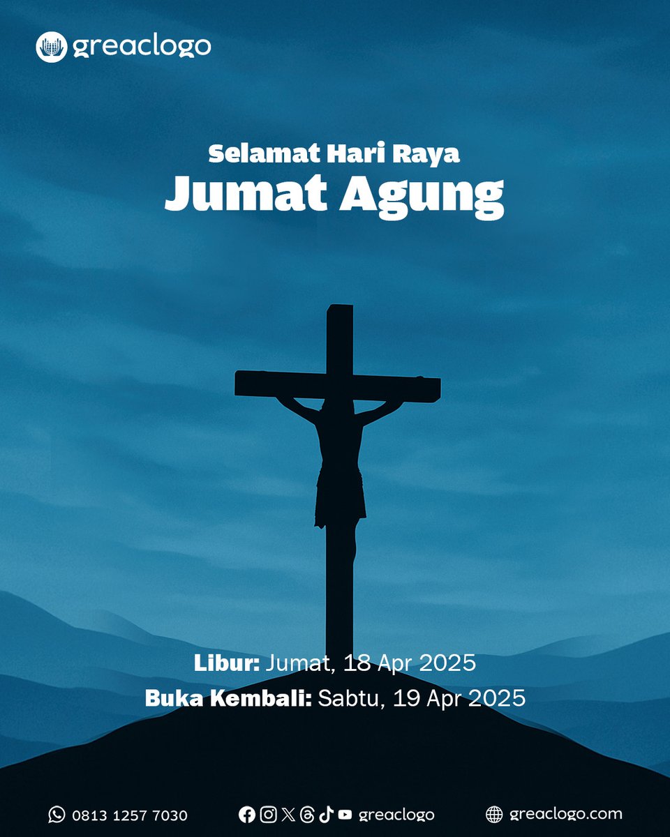 greaclogo's tweet image. Selamat Merayakan Jumat Agung &amp;amp; Paskah

Berikut Jadwal Kantor Greaclogo:
Libur: Jumat, 18 Apr 2025
Buka Kembali: Sabtu, 19 Apr 2025

#JumatAgung
#Paskah