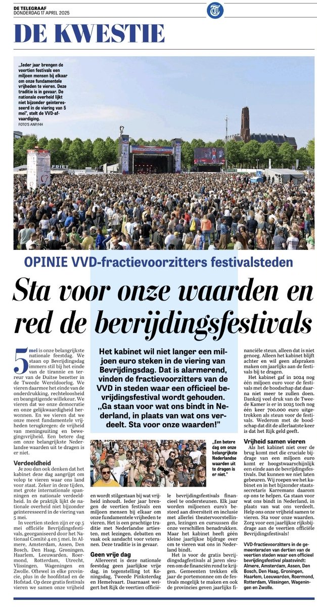 De 14 officiële Bevrijdingsfestivals dreigen kopje onder te gaan, omdat het kabinet ze niet meer wil steunen.

Dat mag niet gebeuren.

5 mei is onze belangrijkste nationale feestdag. De dag waarop we onze vrijheid vieren.

Sta voor onze waarden. Steun de Bevrijdingsfestivals met