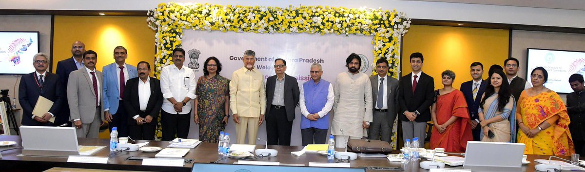 PawanKalyan's tweet photo. It was a highly productive meeting with the esteemed members of the 16th Finance Commission led by Dr. @APanagariya  ji . Under Hon. CM Sri @ncbn Garu ,Andhra Pradesh presented comprehensive recommendations for strengthening governance & economic self-reliance and also highlighted our concerns. 
And our Gram Panchayats are paving the way for Swarna Andhra Pradesh. From digital panchayats to pothole free rural roads, from gram sabhas to gokulams, from creating sustainable infrastructure in remote areas to generating wealth from waste, we are transforming our villages as engines of growth. Our 13,371 Gram Panchayats shall play a very instrumental role in realizing the Hon. PM @narendramodi ji’s  dream of Viksit Bharat. Andhra Pradesh is committed to making our villages self-reliant and prosperous. #SwarnAndhra #ViksitBharat