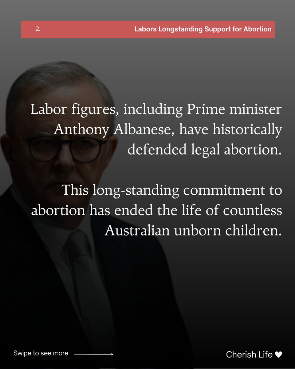CherishLifeQLD's tweet photo. Reasons to PUT LABOR LAST this election

Listed the Abortion Pill RU-486 on the Pharmaceutical Benefits Scheme (PBS)

In 2013, the Labor government under Tanya Plibersek approved the listing of the abortion drug RU-486 (mifepristone) on the PBS, making medical/chemical abortions cheaper and more widely available. 

Support for Abortions Through Medicare

The federal Labor government has overseen a threefold increase in Medicare-subsidised medical terminations.  

Labors Longstanding Support for Abortion

Labor figures, including Prime minister Anthony Albanese,  have historically defended legal abortion.  This long-standing commitment to abortion has ended the life of countless Australian unborn children.

[1] ABC News. “Abortion pill RU486 and three cancer drugs added to the Pharmaceutical Benefits Scheme,” Accessed 14 April, 2025. https://t.co/GGI37oXLIo
[1] ABC News. “Additional funding for abortion access all but ruled out,” Accessed 14 April, 2025.
https://t.co/N66tUNmAXH
[1] They Vote For You. “Anthony Albanese voted generally for reproductive bodily autonomy”, Accessed 14 April, 2025. https://t.co/CtNbacL8eT
[1] The Guardian. “Labor's abortion policy: all the issues explained”, Accessed 14 April, 2025. https://t.co/BsGT99HeD4