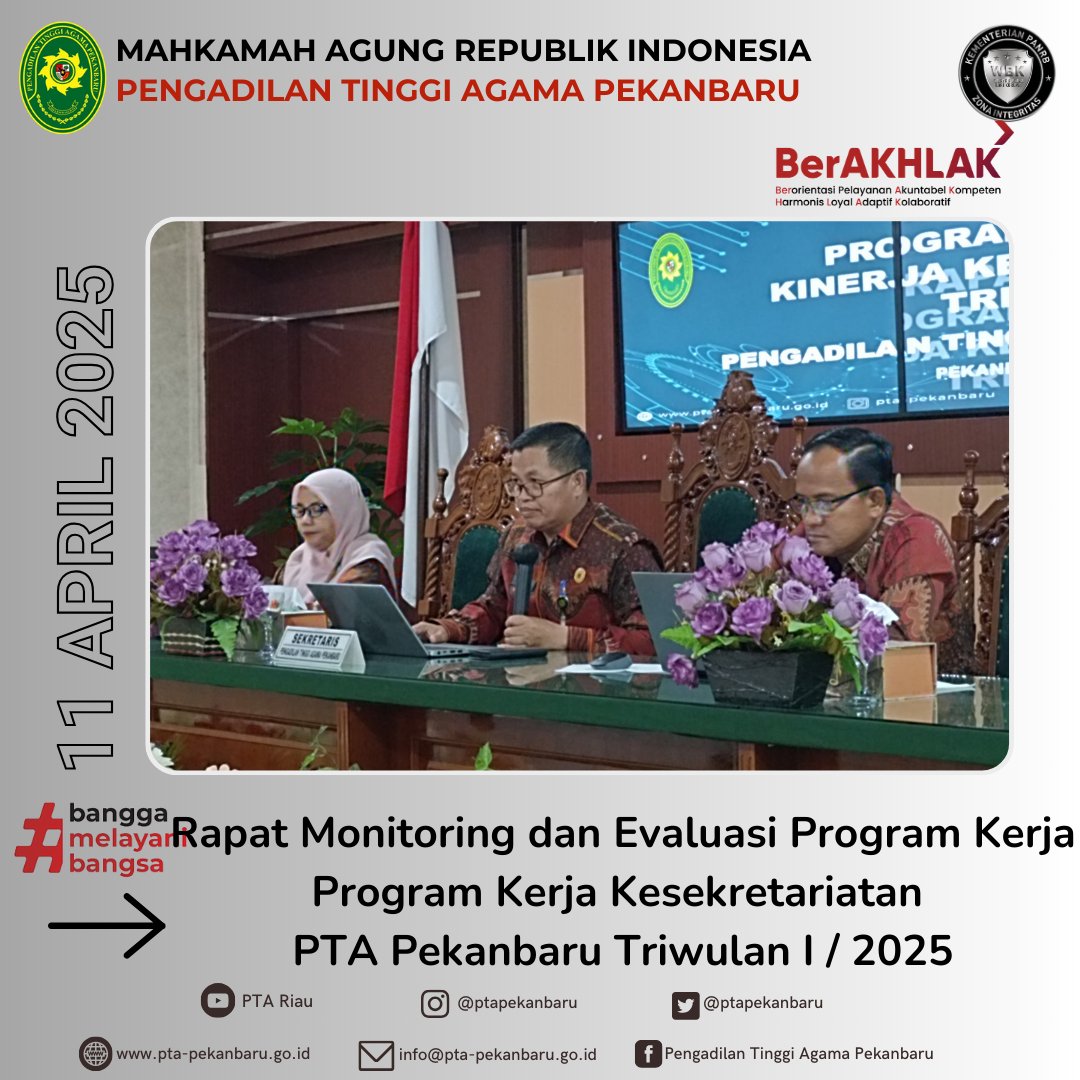 Pekanbaru, 11 April 2025

Kesekretariatan Pengadilan Tinggi Agama Pekanbaru mengadakan rapat evaluasi kinerja selama triwulan I tahun 2025 di ruang Aula yang diikuti oleh seluruh pejabat struktural kesekretariatan, serta staf dan PPNPN Pengadilan Tinggi Agama Pekanbaru.