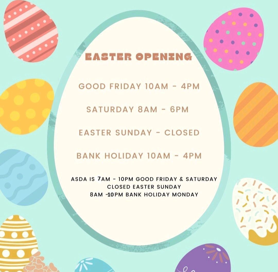 Long Easter Weekend Opening Hours.

These are the core centre hours. Asda hours differ as per below.

Please check with individual retailers to their own bank holiday hours. 

The Centre is closed Easter Sunday 2025.

#ByronPlace #Seaham #Community #Rediscoverlocal #NorthEast