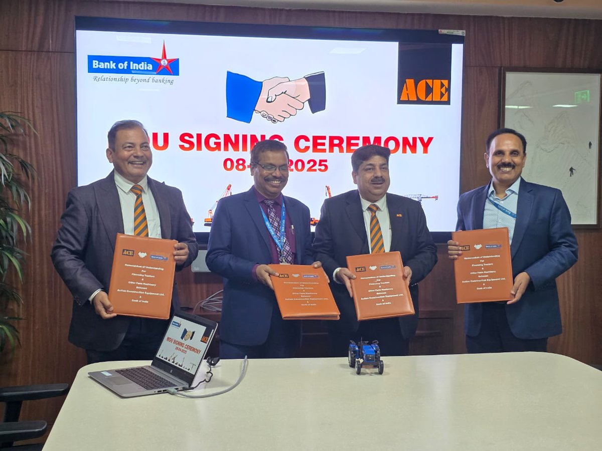 Driving Agri-Revolution: ACE - Action Construction Equipment Ltd. &amp; Bank of India sign MoU for farmer-friendly financing solutions! 

#ACE #AceTractorsIndia #ACETractors #BankOfIndia #FarmersFirst #Agriculture #Partnership #FarmMechanization #MoU #AgriEquipment #Tractor #Farming
