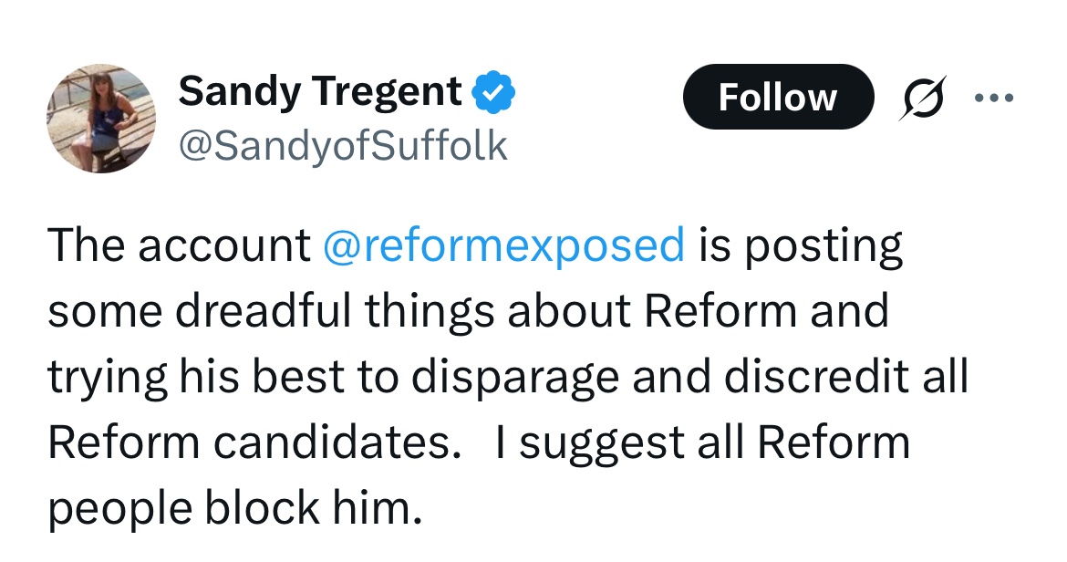 Reform Party UK Exposed 🇬🇧 (@reformexposed) on Twitter photo It’s true, we are posting dreadful things about Reform UK <a href="/SandyofSuffolk/">Sandy Tregent</a>, because Reform UK candidates are doing dreadful things. It’s true, we are posting dreadful things about Reform UK <a href="/SandyofSuffolk/">Sandy Tregent</a>, because Reform UK candidates are doing dreadful things.