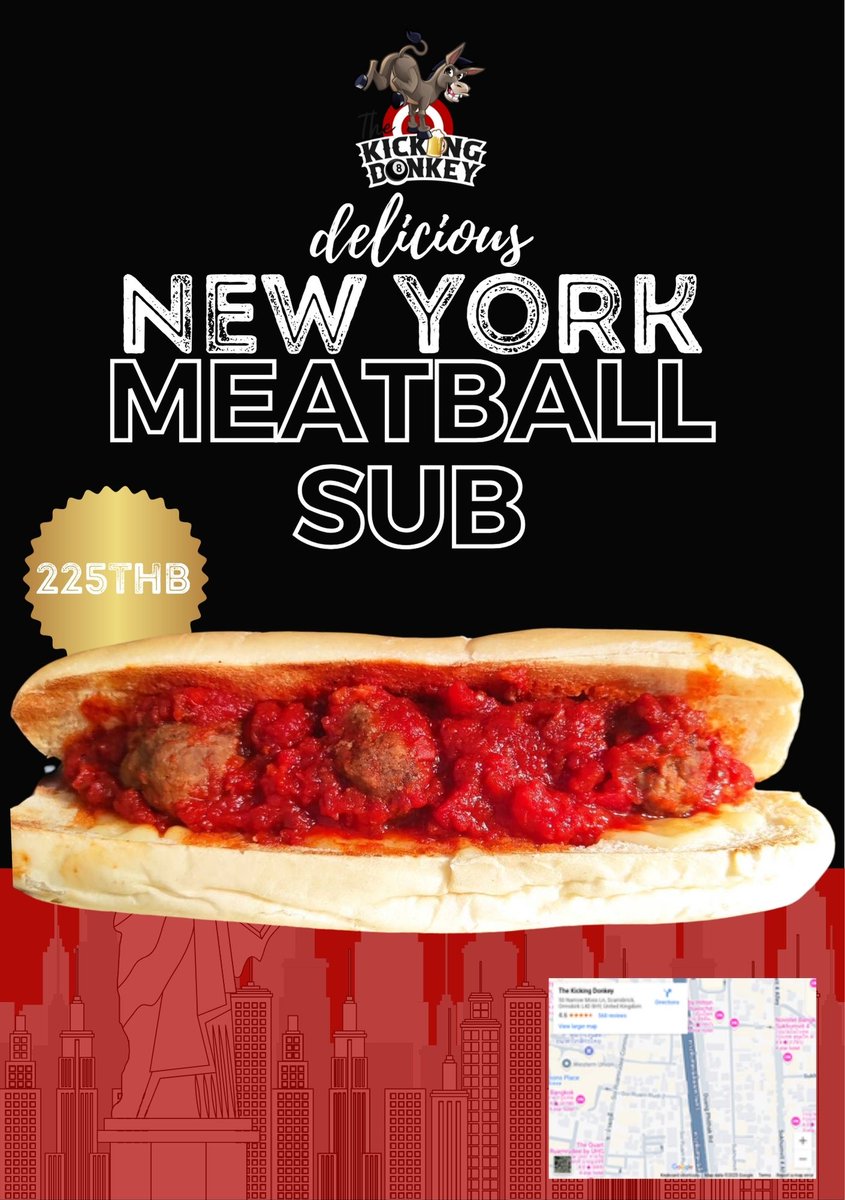 KickingDonkeyBK's tweet image. 🔥 NYC vibes in Bangkok!
Try our New York Meatball Sub—juicy meatballs, rich marinara, toasted roll 🍅🥖
Only 225 THB at The Kicking Donkey, Sukhumvit Soi 11!

#TheKickingDonkey #BangkokEats #MeatballSub