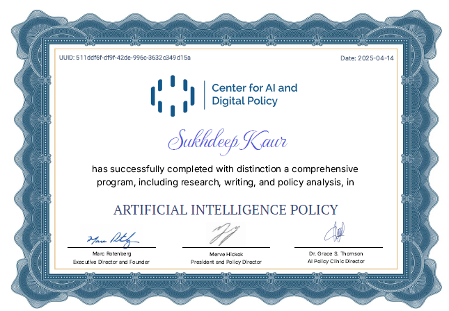 sukhdeep kaur (@sukhdee60598454) on Twitter photo Finally graduated from the Spring 2025 CAIDP AI policy clinic.
Thank You, Center for AI and Digital Policy <a href="/theCAIDP/">Center for AI and Digital Policy (CAIDP)</a> , for providing a unique curriculum for learning techniques for AI policy research. Finally graduated from the Spring 2025 CAIDP AI policy clinic.
Thank You, Center for AI and Digital Policy <a href="/theCAIDP/">Center for AI and Digital Policy (CAIDP)</a> , for providing a unique curriculum for learning techniques for AI policy research.
