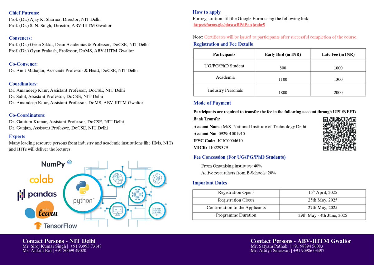 🚀 Join our 1-week STC on "Decoding Business Insights: AI, Data Analytics &amp; Research" organized by #NITDelhi &amp; <a href="/AbvIiitm/">ABV-IIITM Gwalior</a>!
🗓️ 29 May–4 June | 🖥️ Online | 📍NIT Delhi &amp; ABV-IIITM
🔗 Register by 25 May: shorturl.at/cmzS6

<a href="/EduMinOfIndia/">Ministry of Education</a> | <a href="/drajayksharma/">Dr Ajay K Sharma</a> | <a href="/DrGeetaSikka/">Dr Geeta Sikka</a> |