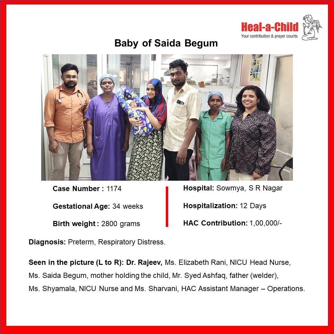 Baby of Saida Begum #discharged after 12 days of care from Sowmya Childrens Hospital.