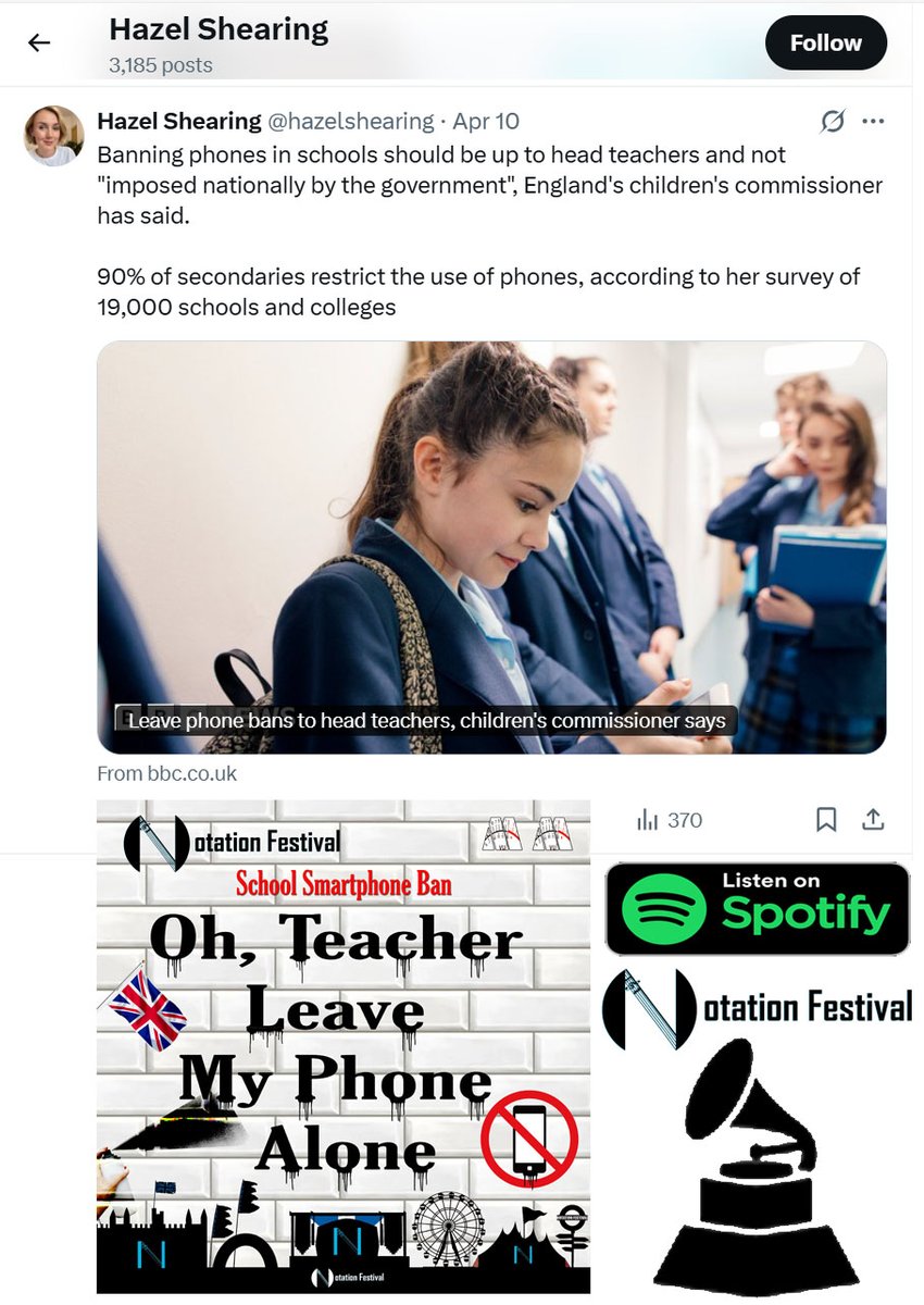 Notation Festival (@notationfest) on Twitter photo 📢 Introducing the School Smartphone Ban Song Across The BBC and BBC Radio 2025!
<a href="/BBC/">BBC</a> <a href="/BBCR1/">BBC Radio 1</a> <a href="/BBCNews/">BBC News (UK)</a> <a href="/BBCEssex/">BBC Essex</a> <a href="/BBCRadioLondon/">BBC Radio London</a> <a href="/BBCSounds/">BBC Sounds</a> <a href="/BBCAccessAll/">BBC Access All</a> @BBCPress @HazelShearing
open.spotify.com/album/755MXsz5…
#notationfestival 📢 Introducing the School Smartphone Ban Song Across The BBC and BBC Radio 2025!
<a href="/BBC/">BBC</a> <a href="/BBCR1/">BBC Radio 1</a> <a href="/BBCNews/">BBC News (UK)</a> <a href="/BBCEssex/">BBC Essex</a> <a href="/BBCRadioLondon/">BBC Radio London</a> <a href="/BBCSounds/">BBC Sounds</a> <a href="/BBCAccessAll/">BBC Access All</a> @BBCPress @HazelShearing
open.spotify.com/album/755MXsz5…
#notationfestival