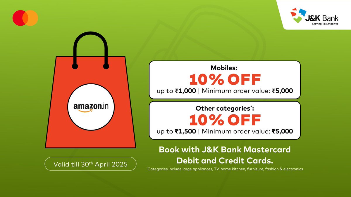 JandKBank's tweet photo. Use your J&K Bank Debit and Credit Cards to unlock instant 10%* discounts on mobiles, electronics, fashion, and more at https://t.co/DaO9oD3zBe.
Hurry, offer valid till April 30, 2025!
#JKBank #YourBankSince1938 #AmazonOffer https://t.co/u7gz9kKypW