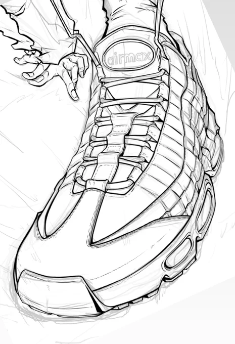 久々に描くエアマックス95!
描くには複雑で難しいけどやはりかっこ良いデザインだ…( 〃▽〃) 