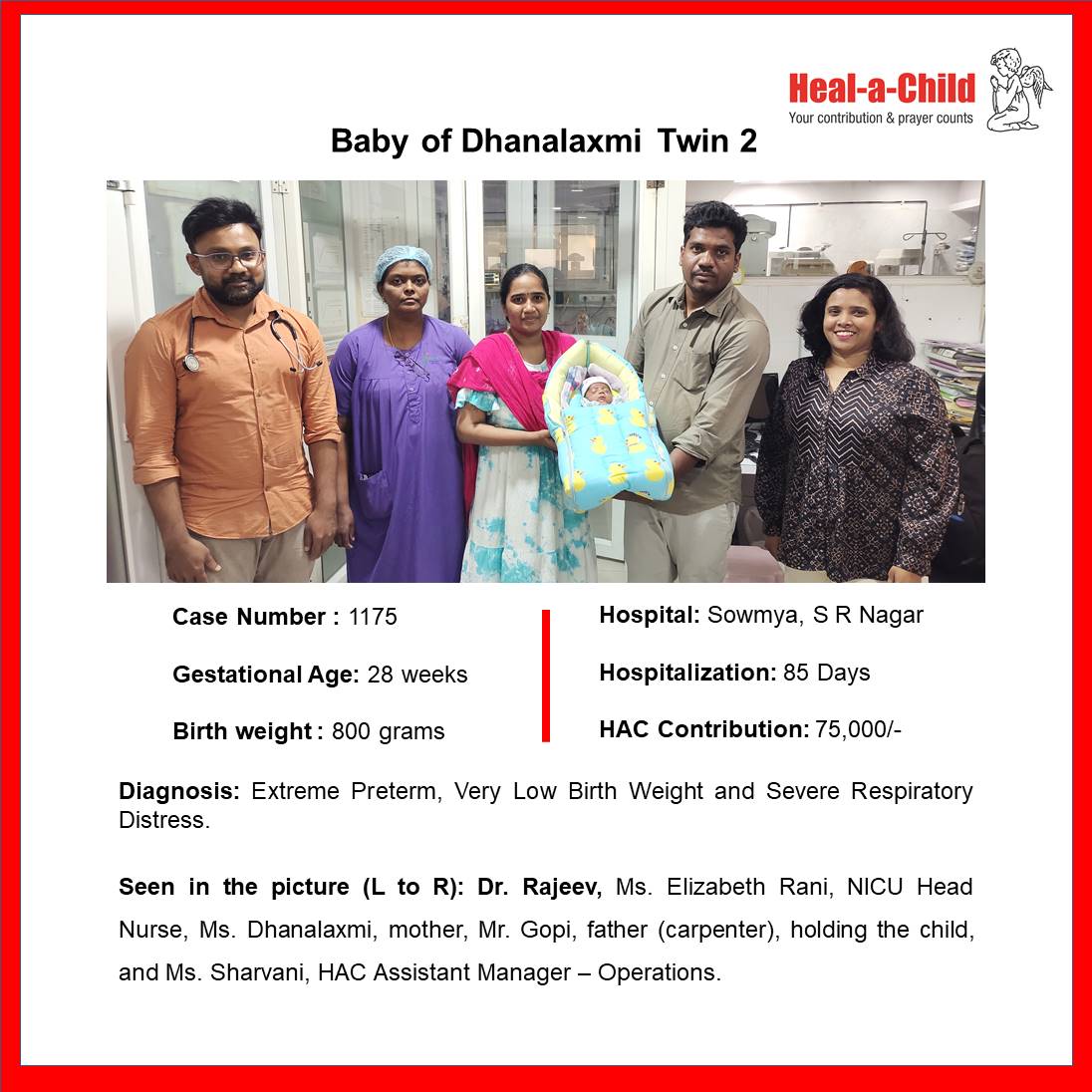 Baby of Dhanalaxmi Twin 2 #discharged after 85 days of care from Sowmya Childrens Hospital