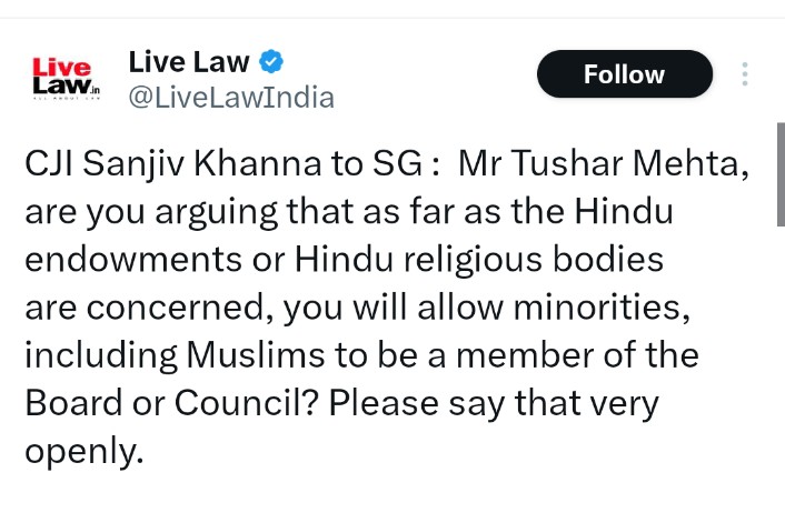 Starboy2079's tweet photo. I am sorry to say but I didn't expect such a foolish comments from CJI

1. First of all there is not any act which prohibits Muslim becoming members of Hindu trust
2. Hindu trust does not grab land of Muslims while Muslim Waqf board grabs land of Hindus
That's the difference https://t.co/1kiaHNo9iV