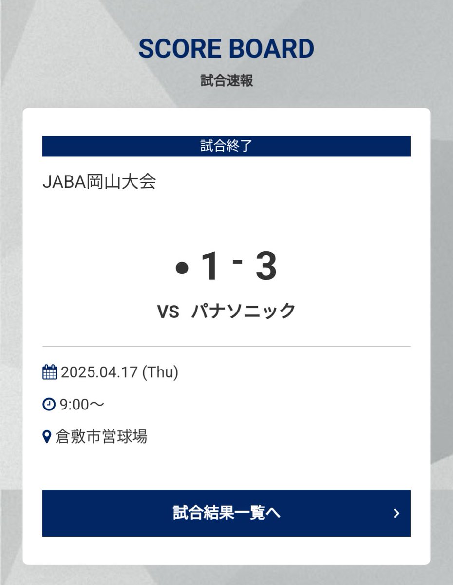 tsuneishibb's tweet photo. ＜第67回JABA岡山大会＞

日時：4月17日(木)
場所：倉敷市営球場
TBP　1-3　パナソニック

ご声援ありがとうございました。

＃ツネイシブルーパイレーツ　＃ツネイシ　#社会人野球 https://t.co/XlroTQTbe6