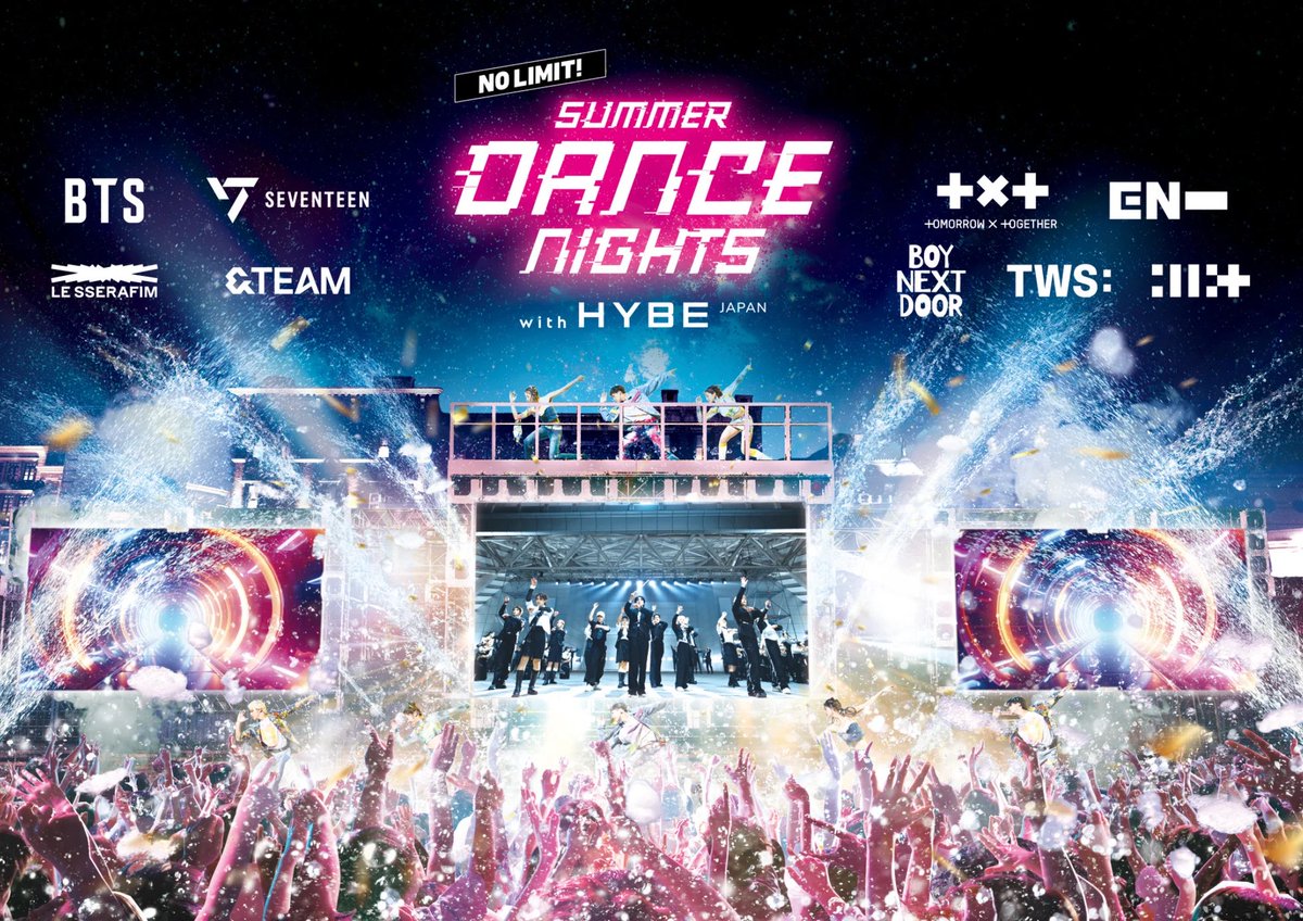 kpost_kpop's tweet photo. HYBE JAPAN × USJ
『NO LIMIT! サマーダンスナイト』が今年も開催
⠀
📅7/1（火）～8/20（水）
📍グラマシーパーク（ニューヨーク・エリア）
⠀
イベントは、HYBE MUSIC GROUPアーティストの楽曲と映像に加え、ウォーターエフェクトやバブルマシーン、スモークなどの特殊効果を用いた演出が特徴。

大音量の音楽に包まれながら、パークのキャラクターやダンサー、DJとともに盛り上がるナイト・エンターテインメントとして展開される。

今年はBTS、SEVENTEEN、TOMORROW X TOGETHER、ENHYPEN、LE SSERAFIM、&TEAM、BOYNEXTDOORに加え、TWS、ILLITを含む全9組のアーティストの楽曲・映像が刷新されるほか、ゲストのリアクションが巨大モニターに映し出される「ライブカメラ演出」も新たに導入される予定。

また、開催期間中は人気アトラクション『ハリウッド・ドリーム・ザ・ライド』でも、同アーティストの楽曲が日替わりで搭載されることが決定している（楽曲や期間の詳細は後日発表予定）。

開催場所はニューヨーク・エリアのグラマシーパークで、ショーの前にはDJタイムも予定されている。
