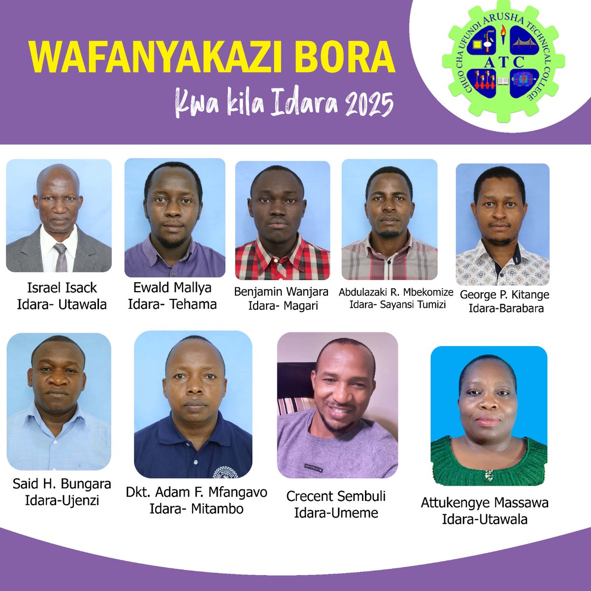 Wafanyakazi Bora Kwa Kila idara 2025🎊🎊🎊

#Meimosi2025
#chuo_cha_ufundi_arusha
#Arusha_technical_college 
#skills_make_the_difference 
#watuwanapaswakufahamu 

@officialsoateco