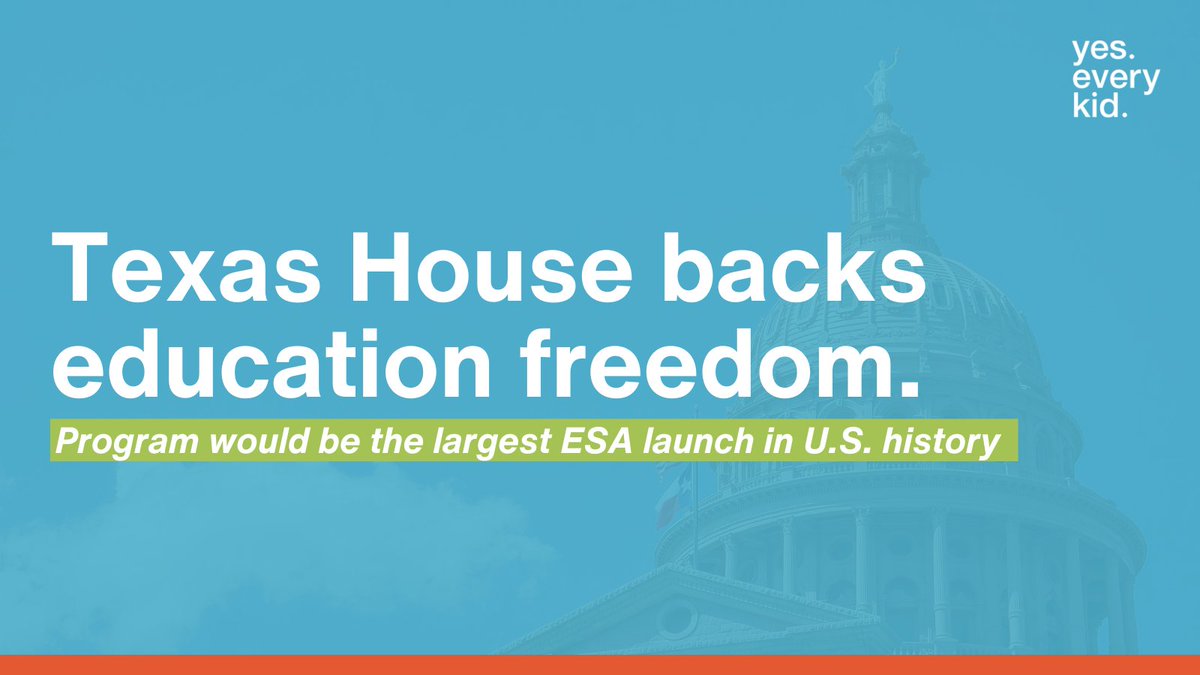 yes. every kid. (@yes_everykid) on Twitter photo VICTORY: The Texas House just passed SB 2, bringing universal education freedom one step closer to reality. This would be the largest ESA launch in U.S. history.
Thank you to <a href="/BradBuckleyDVM/">Brad Buckley</a> for being a true champion for Texas families! #txlege yeseverykid.com/press/yes-ever… VICTORY: The Texas House just passed SB 2, bringing universal education freedom one step closer to reality. This would be the largest ESA launch in U.S. history.
Thank you to <a href="/BradBuckleyDVM/">Brad Buckley</a> for being a true champion for Texas families! #txlege yeseverykid.com/press/yes-ever…