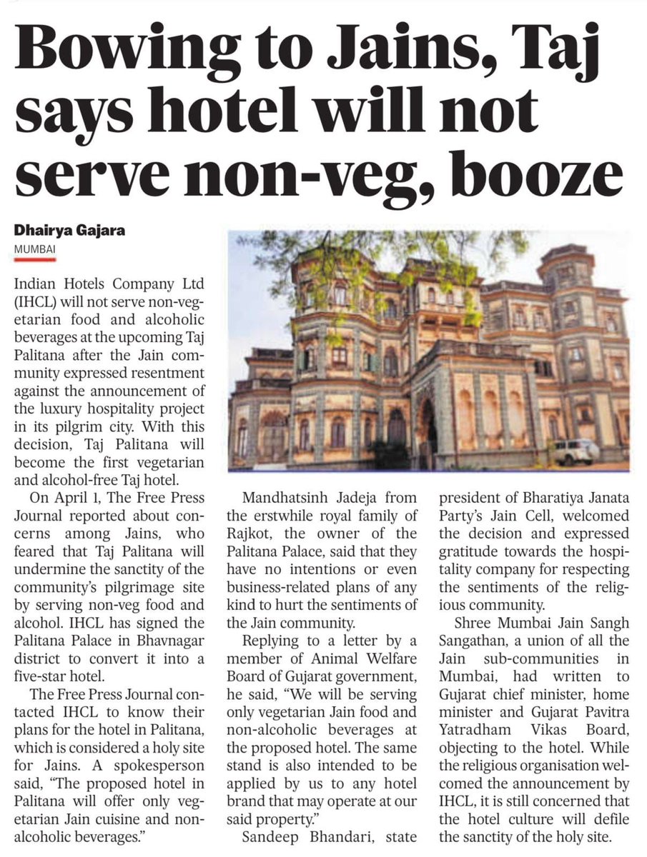 🙏 A small win for faith and community.

Taj Palitana will not serve non-veg or alcohol, a decision that respects the sanctity of one of Jainism’s holiest places.

Grateful to those who raised their voice. Heritage must preserve essence, not just structure.