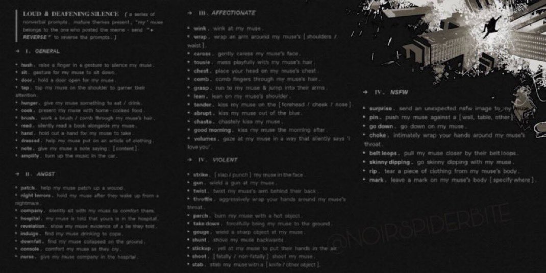 NOIRSPIDERBITE's tweet photo. ⠀
    :  PERMANENT STARTER CALL .ᐟ

like  ( ♡ )  this tweet for a random starter,  comment for a specific one .  length will vary .  add '+' to reverse the roles . 

NSFW starters will have to be requested via DM and only written in DM’s .
⠀ https://t.co/J3lha4JZDt