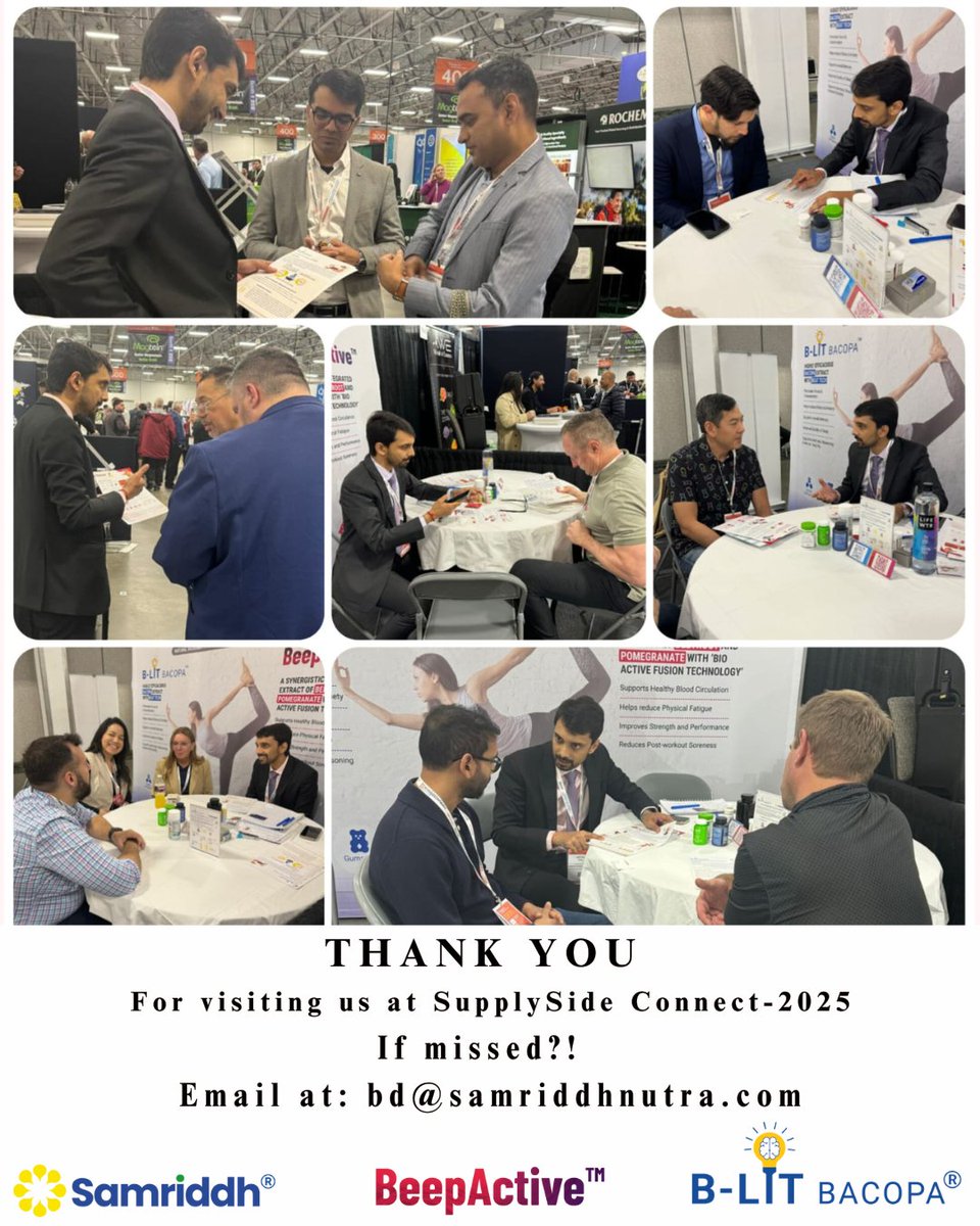 Samriddh_Nutra's tweet photo. Thank you for visiting us at SupplySide Connect 2025. It was a pleasure connecting with industry leaders. If we missed the chance to meet, reach out at bd@samriddhnutra.com — we’d be glad to connect. #SamriddhNutractive #CognitiveWellness #SportsNutrition #BLitBacopa #BeepActive https://t.co/1mL2Y0R5Vn
