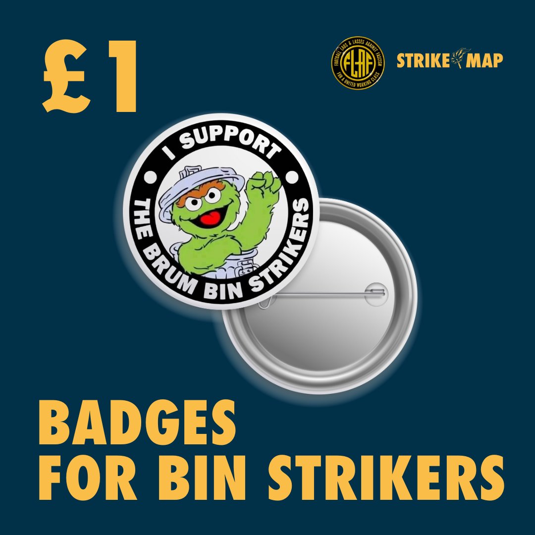 Strike Map (@strike_map) on Twitter photo NEW 🚨 | Badges for the bin strike.
We have teamed up with <a href="/LadsLasses/">Football Lads & Lasses Against Fascism</a> to produce a solidarity pin badge to support the Birmingham Bin Strikers: bit.ly/BirminghamSoli…
Help raise £1k for the Brum Bin Strike.
#StrikeMap NEW 🚨 | Badges for the bin strike.
We have teamed up with <a href="/LadsLasses/">Football Lads & Lasses Against Fascism</a> to produce a solidarity pin badge to support the Birmingham Bin Strikers: bit.ly/BirminghamSoli…
Help raise £1k for the Brum Bin Strike.
#StrikeMap