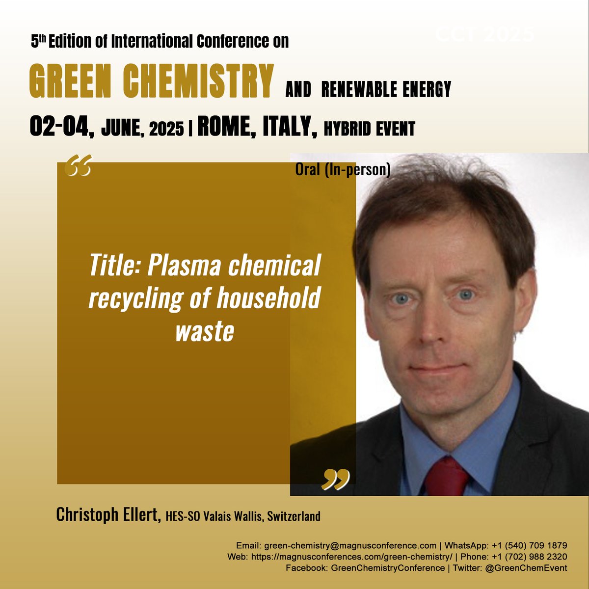 Green Chemistry 2025 (@greenchemevent) on Twitter photo We’re delighted to welcome our Speaker #Christoph_Ellert from <a href="/hessovalais/">hessovalais</a> Switzerland, at <a href="/GreenChemEvent/">Green Chemistry 2025</a> organized by <a href="/magnus_group/">Magnus Group</a>. Join us for an inspiring sessions!
📅:June 2-4, 2025
🚩:Rome, Italy
📲:+1 (540) 709 1879
🔗:magnusconferences.com/green-chemistry
#GreenChemistryConference2025 We’re delighted to welcome our Speaker #Christoph_Ellert from <a href="/hessovalais/">hessovalais</a> Switzerland, at <a href="/GreenChemEvent/">Green Chemistry 2025</a> organized by <a href="/magnus_group/">Magnus Group</a>. Join us for an inspiring sessions!
📅:June 2-4, 2025
🚩:Rome, Italy
📲:+1 (540) 709 1879
🔗:magnusconferences.com/green-chemistry
#GreenChemistryConference2025