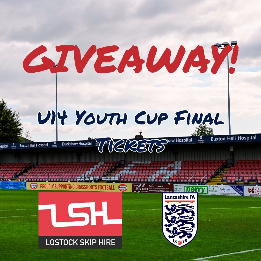 Our partners Lostock Skip Hire are giving away 10 tickets for the Under 14 Youth Cup Final!

📍Blackburn Eagles JFC U14 vs Myerscough Junior FDC U14
📅 Tues 6 May
⏰ 7pm KO
🏟️ County Ground

To be in with a chance of winning, like this post and comment who you'd take with you!