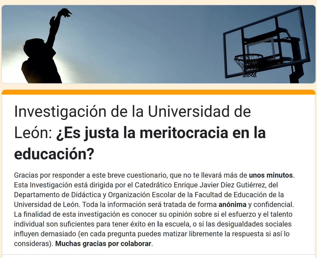 Brevísima encuesta sobre la meritocracia en educación. Te agradecemos si la contestas y la puedes difundir. Muchas gracias.
forms.gle/TAi9xpkAFp2YoY…