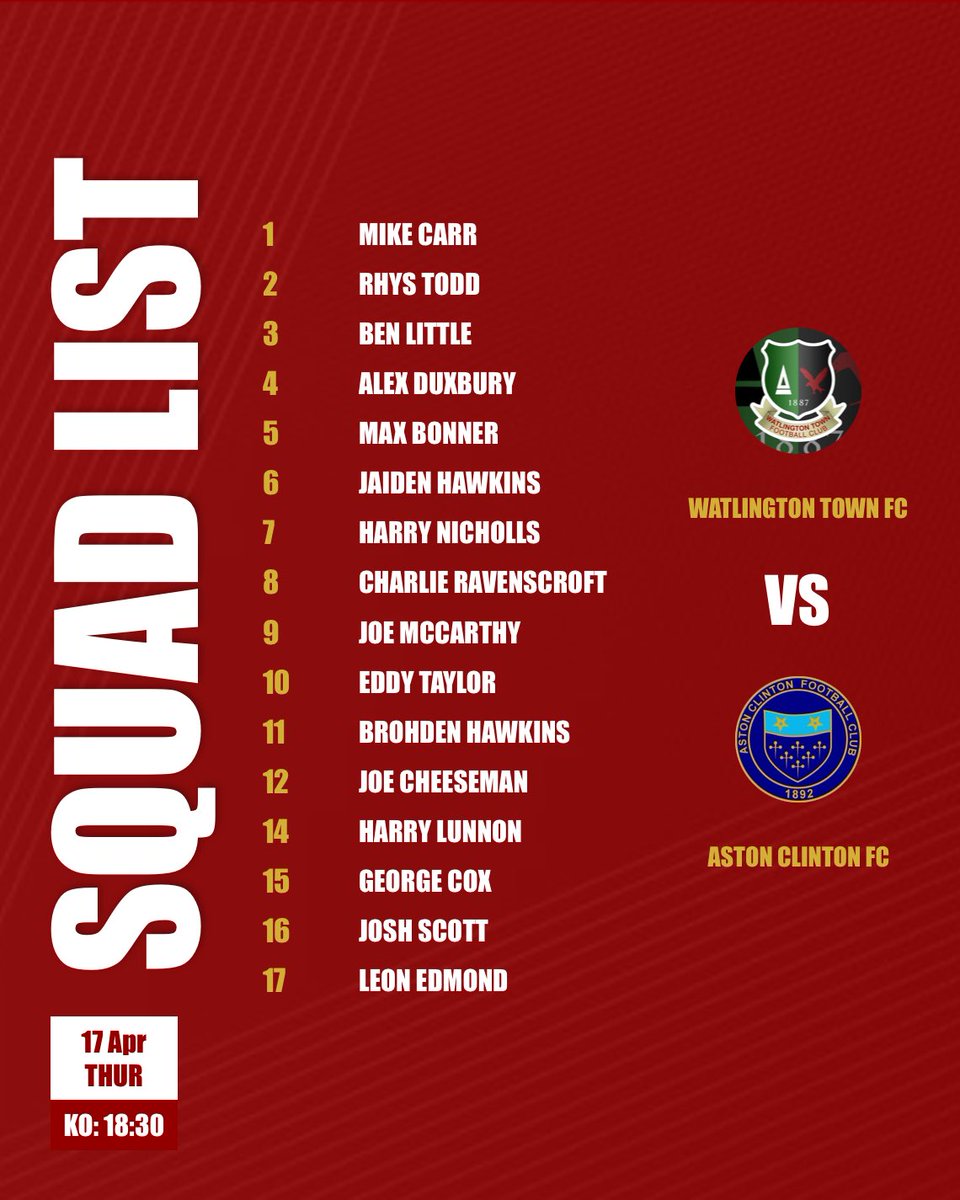 Squad for today’s fixture against <a href="/AstonClintonFC/">Aston Clinton FC</a>🔴⚫️