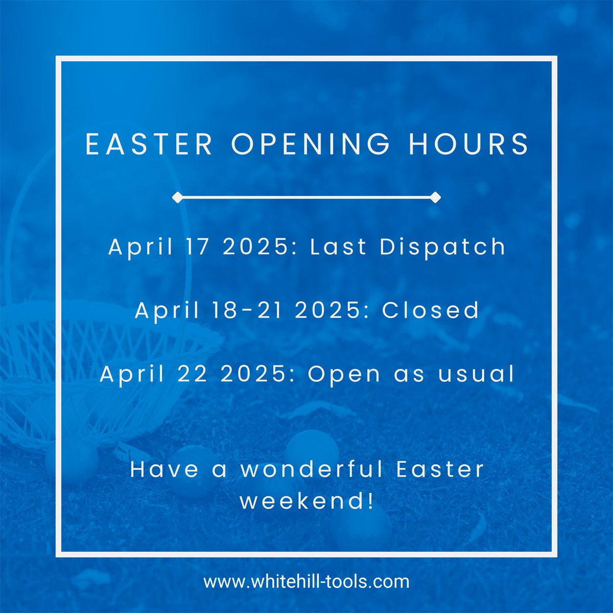 Just a friendly reminder that the last dispatch date for deliveries before the easter break will be April 17, 2025. Our office will be closed on April 18 to April 21 and business will resume on April 22, 2025 as usual.

Wishing everyone a joyful and relaxing Easter weekend!