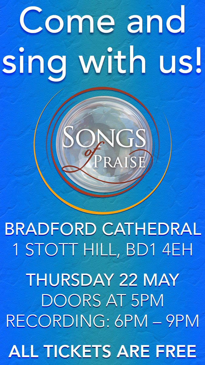 BBC Songs of Praise (@bbcsop) on Twitter photo #SongsOfPraise invites you to <a href="/Bfdcathedral/">Bradford Cathedral</a> for the recording of traditional hymns—come and lend your voice to a memorable evening of music.
Thursday 22nd May 2025
Doors: 5pm
Recording: 6pm – 9pm
To book your FREE tickets
lostintv.com
(020) 8530 8100 #SongsOfPraise invites you to <a href="/Bfdcathedral/">Bradford Cathedral</a> for the recording of traditional hymns—come and lend your voice to a memorable evening of music.
Thursday 22nd May 2025
Doors: 5pm
Recording: 6pm – 9pm
To book your FREE tickets
lostintv.com
(020) 8530 8100