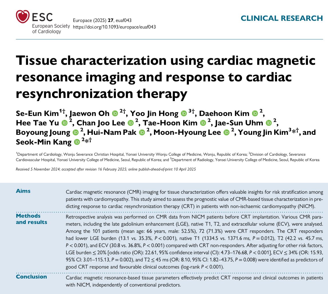 Europace Editor-in-Chief (@europaceeic) on Twitter photo 🎯🫀Tissue characterization using cardiac magnetic resonance imaging and response to cardiac resynchronization therapy 🔋
Read more #Europace
🔗academic.oup.com/europace/artic…
#EPeeps <a href="/GiulioConte9/">Giulio Conte</a> <a href="/Dominik_Linz/">Dominik Linz</a> <a href="/FraSantoroMD/">Francesco Santoro, MD, PhD</a> <a href="/AndyZhangMD/">Xiaodong Zhang (Andy), MD, PhD, FHRS, FACC</a> <a href="/DavideMei93/">Davide Mei</a> <a href="/LuigiDiBiaseMD/">Luigi Di Biase</a> <a href="/marcovitoloMD/">Marco Vitolo Ⓜ️</a> 🎯🫀Tissue characterization using cardiac magnetic resonance imaging and response to cardiac resynchronization therapy 🔋
Read more #Europace
🔗academic.oup.com/europace/artic…
#EPeeps <a href="/GiulioConte9/">Giulio Conte</a> <a href="/Dominik_Linz/">Dominik Linz</a> <a href="/FraSantoroMD/">Francesco Santoro, MD, PhD</a> <a href="/AndyZhangMD/">Xiaodong Zhang (Andy), MD, PhD, FHRS, FACC</a> <a href="/DavideMei93/">Davide Mei</a> <a href="/LuigiDiBiaseMD/">Luigi Di Biase</a> <a href="/marcovitoloMD/">Marco Vitolo Ⓜ️</a>
