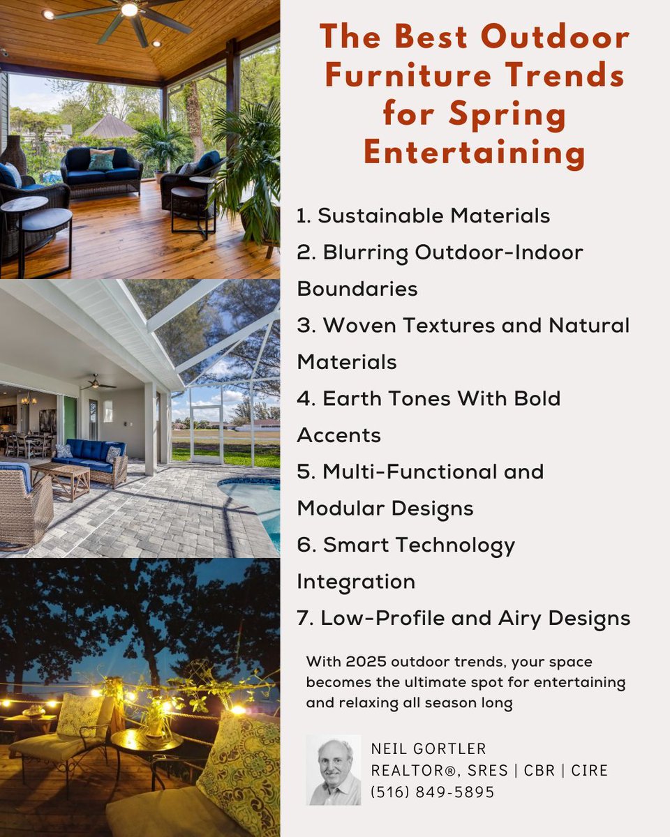 NeilGortler's tweet image. The Best Outdoor Furniture Trends for Spring Entertaining 🌿✨

Low-Profile &amp;amp; Airy Designs

Let your outdoor space reflect your style, comfort, and functionality!

#SpringEntertaining #OutdoorLiving #2025Trends #NeilGortlerRealtor #HomeStyle #BackyardBliss #RealEstateTips