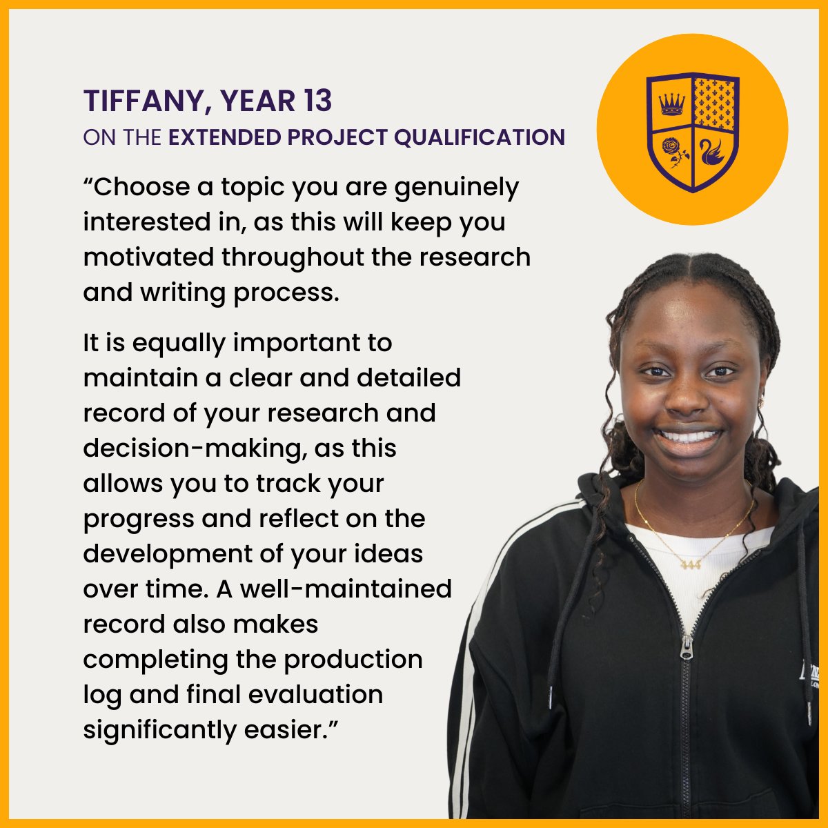 In Year 13, Tiffany presented her EPQ on computer programming, comparing OOP to other paradigms through research and case studies. The EPQ at KPS Sixth Form supports independent study, worth up to 28 UCAS points, equivalent to half an A level!