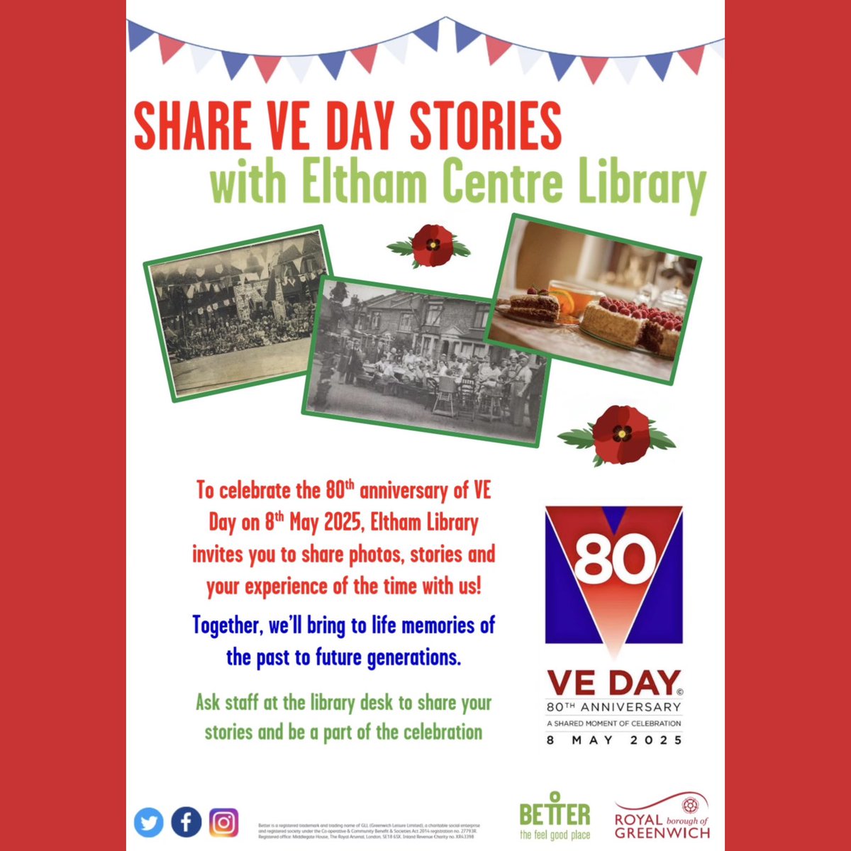 To celebrate the 80th anniversary of VE Day on 8 May 2025, #ElthamLibrary invites you to share photos, stories + your experience of the time. Together, we’ll bring to life memories of the past to future generations. Ask staff at the library desk to share your stories! 🇬🇧