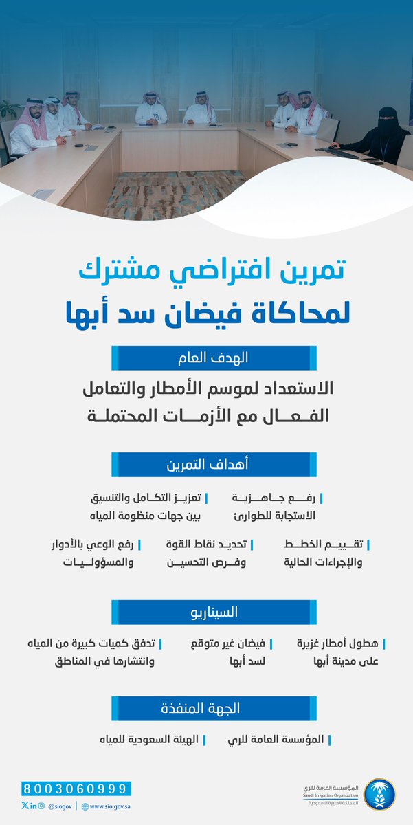 siogov's tweet photo. نفذت المؤسسة العامة للري بالتعاون مع الهيئة السعودية للمياه تمرينًا افتراضيًا لمحاكاة فيضان سد أبها، بهدف تعزيز الجاهزية ورفع مستوى التنسيق بين الجهات المعنية مع اقتراب موسم الأمطار والاستجابة الفعالة للطوارئ المحتملة.
- https://t.co/22hFBXiWtZ