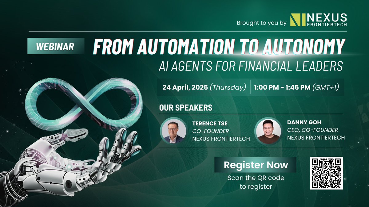 Only 1 week left. Just 20 seats remaining.

Join the Nexus webinar with <a href="/Terencecmtse/">Dr Terence Tse</a>  &amp; <a href="/dcwgoh/">Danny Goh</a> on AI Agents in Financial Services – 24 Apr, 1PM GMT+1.

Register now: lnkd.in/gZgKZU4y
Be part of the shift.

#AIinFinance #Webinar