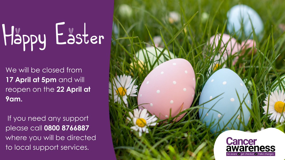 💜 Happy Easter from the Cancer Awareness team!

We're out of office from Thurs 17 April, 5pm until Tues 22 April, 9am.

If you need support phone:
Macmillan: 0808 808 00 00
GP/111

Leave us a message &amp; we’ll get back to you after the break! Have a nice Easter weekend!