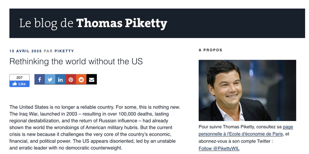 This is quite remarkable.

Thomas Piketty, one of the world's most respected economists, says that the US is no longer a reliable country and calls for a complete overhaul of the IMF and the World Bank by giving countries in the global South more power in those organisations.