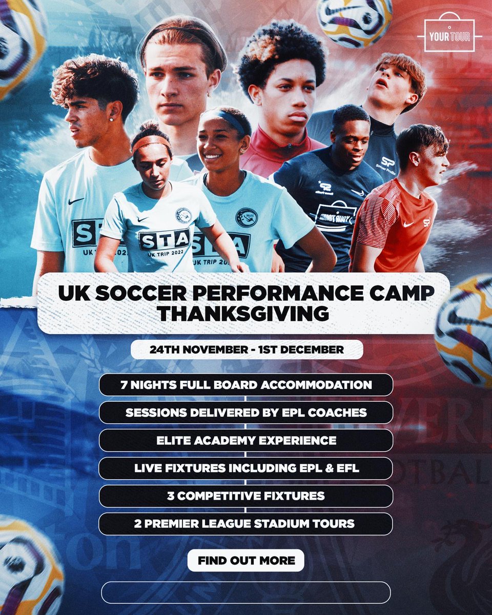 ⚽️ Registration is OPEN for our Thanksgiving Soccer Camp 2025
Train like a pro in Liverpool 🇬🇧 w/ EPL academy coaches, live EPL matches, + showcase at Etihad Campus.
📅 Nov 24–Dec 1
👥 2006–2012 birth years
🎯 Limited spots
🔗 Link in bio
#SoccerCamp #TrainLikeAPro #EPLExperience