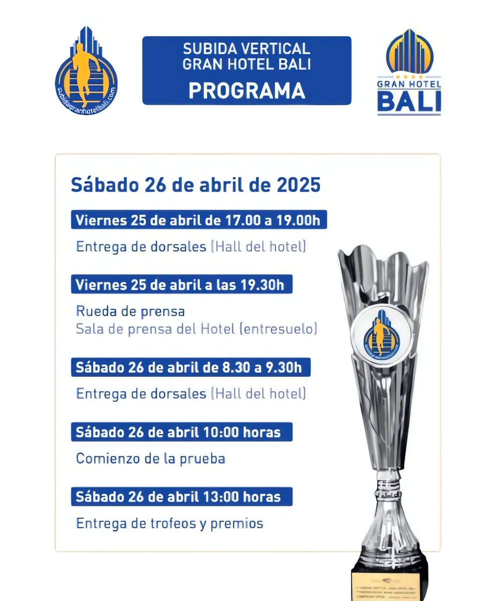 ⏰ ¡TOWERRUNNERS! QUEDA POQUÍSIMO PARA CONQUISTAR EL CIELO ⏰
¿Listos para el gran reto? 🏃‍♂️🔥

👉🏻 Aquí tenéis el programa del evento para que no se os escape nada.
¡Empieza la cuenta atrás! 🚀

#towerrunner #stair
#towerrunningworldassociation
#stairsup #runner #running #benidorm