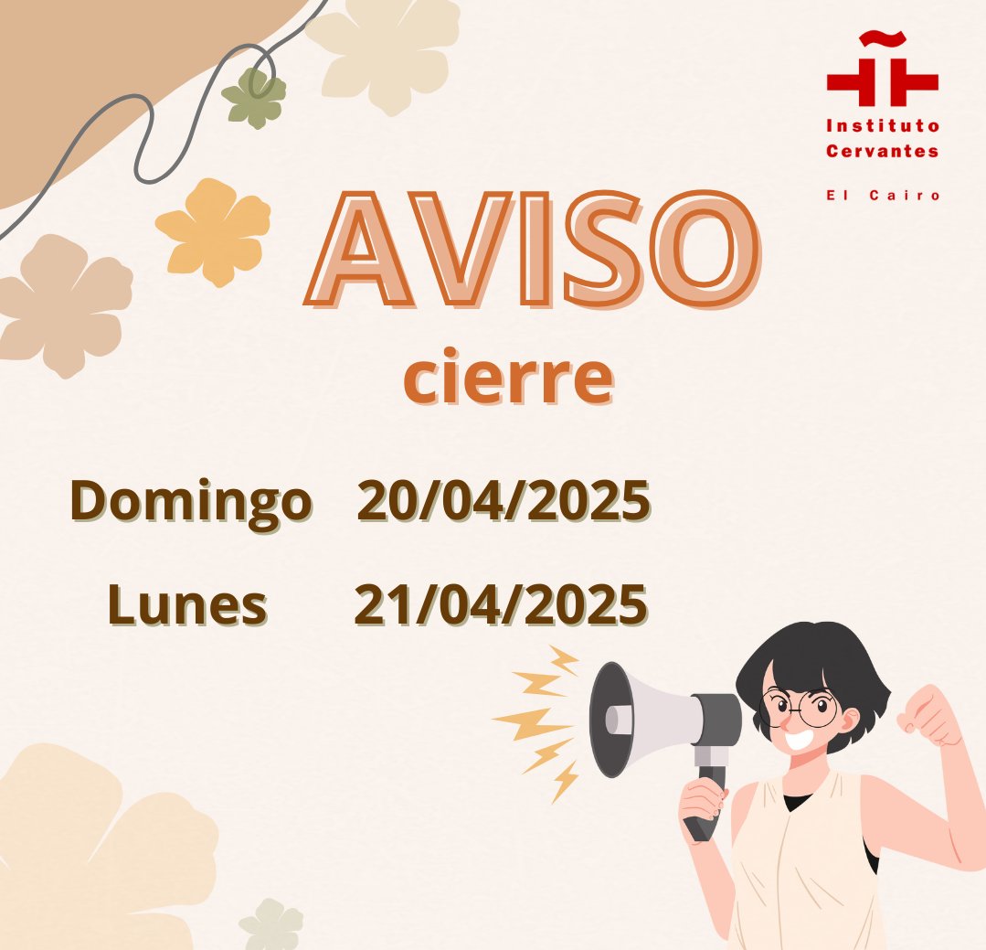 AVISO-CIERRE💥 
Informamos a nuestros estudiantes y usuarios de la biblioteca que el Instituto permanecerá cerrado el domingo 20 y el lunes 21 de abril, con motivo de la Pascua copta y la festividad de Sham El-Nessim, respectivamente.
¡Os deseamos unas felices celebraciones! 🌸🐣